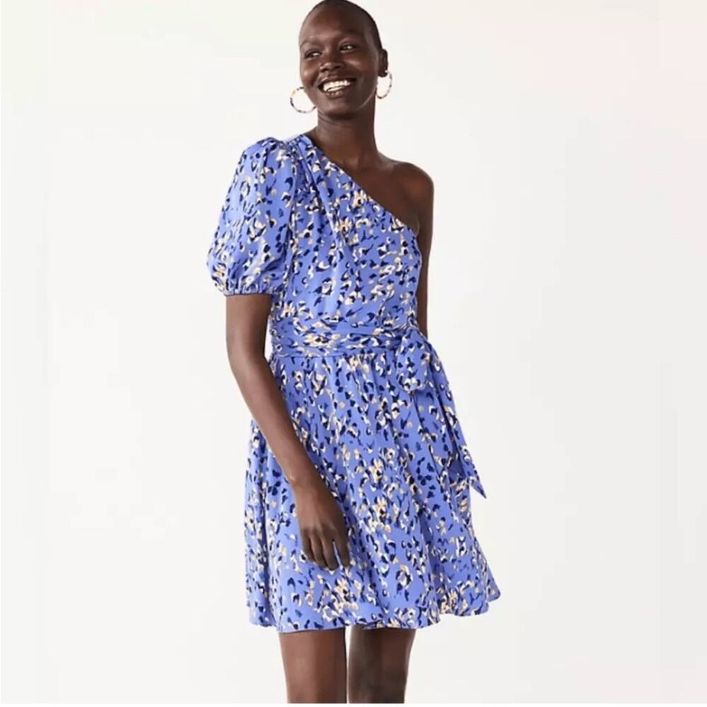 Nine West One-Shoulder Fit & Flare Blue Patterned Dress